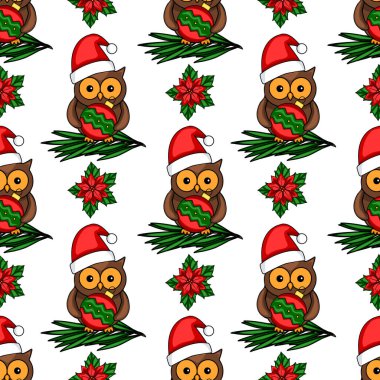 Noel Baba şapkalı baykuşlarla süslenmiş, Noel mücevherleri taşıyan, çam dallarına yerleştirilmiş, şenlikli noktalarla süslenmiş kusursuz bir vektör deseni..