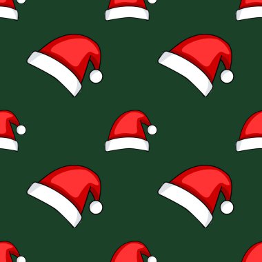 Dağınık Noel Baba şapkalarının, Noel ve Yeni Yıl için tasarlanmış koyu yeşil bir arka planı var..