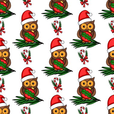 Noel Baba şapkalarında sevimli baykuşların, Noel mücevherleri taşıdığı, köknar dallarına yerleştirilmiş, şeker kamışları ve şenlikli fiyonklarla süslenmiş, kusursuz bir Noel deseni....