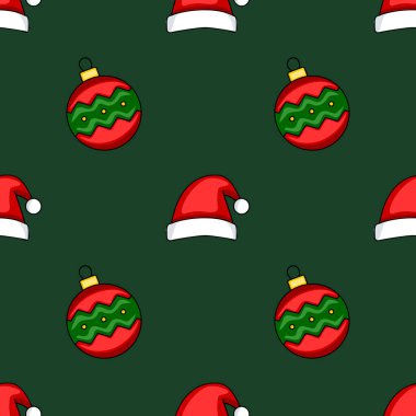 Kırmızı ve yeşil takılar ve koyu yeşil arka planda Noel Baba şapkaları içeren kusursuz bir Noel deseni. Bayram tasarımları ve ambalaj kağıtları için ideal..