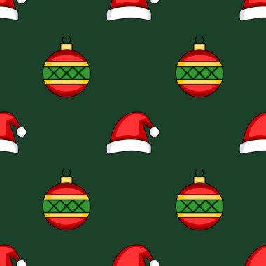 Kırmızı ve yeşil takılar ve koyu yeşil arka planda Noel Baba şapkaları ile kusursuz bir Noel deseni, şenlik tasarımları ve kış tatilleri için ideal..