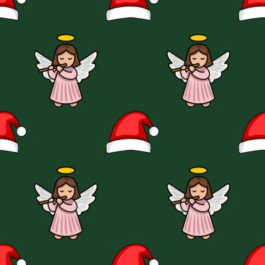 Kusursuz bir Noel şablonu, flüt çalan büyüleyici meleklerin ve koyu yeşil arka planda Noel Baba şapkalarının yer aldığı neşeli ve kaprisli bir tasarım yaratıyor..