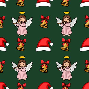 Flüt çalan sevimli meleklerin, kırmızı yaylı zillerin ve koyu yeşil arka planda Noel Baba şapkalarının olduğu kusursuz bir Noel şablonu..