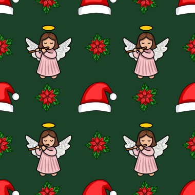 Flüt çalan sevimli meleklerin olduğu kusursuz bir Noel deseni, şenlikli noktalar, ve koyu yeşil arka planda Noel Baba şapkaları, tatil tasarımları için mükemmel..