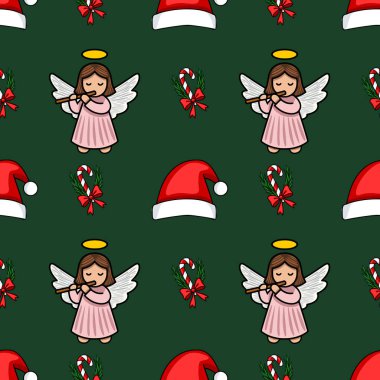 Flüt çalan sevimli meleklerin, Noel Baba şapkalarının, şeker kamışlarının ve koyu yeşil arka planda neşeli fiyonkların olduğu kusursuz bir Noel deseni büyüleyici ve kaprisli bir kış tatili tasarımı yaratıyor..