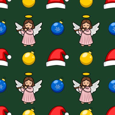 Kusursuz vektör Noel şablonu içinde flüt çalan sevimli melekler, şenlikli takılar ve koyu yeşil arka planda Noel Baba şapkaları olan.