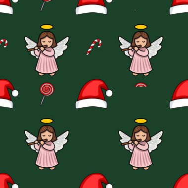 Tatlı meleklerin flüt, Noel şapkası, baston şeker ve lolipopları koyu yeşil arka planda çaldığı kusursuz bir Noel deseni..