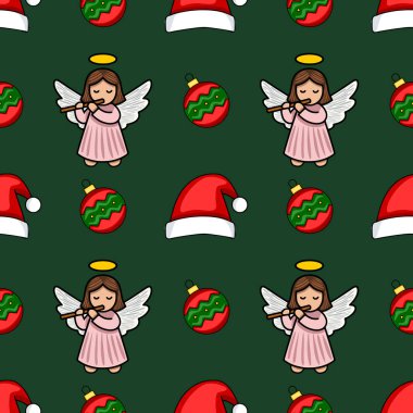 Flüt çalan sevimli meleklerin, şenlikli mücevherlerin ve koyu yeşil arka planda Noel Baba şapkalarının olduğu kusursuz bir Noel deseni büyüleyici ve kaprisli bir tatil tasarımı yaratıyor..