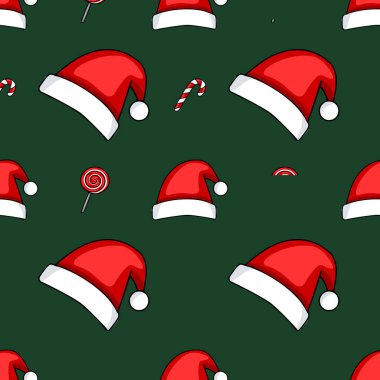 Kırmızı Noel Baba şapkalarından, şeker kamışlarından ve lolipoplardan oluşan kusursuz bir model. Koyu yeşil arka planda. Noel için mükemmel bir tasarım..