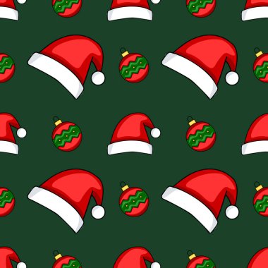 Kırmızı Noel Baba şapkaları ve şenlikli yeşil ve kırmızı Noel mücevherleri içeren kusursuz bir vektör deseni. Koyu yeşil arka planda. Bayram ambalaj kağıdı ya da şenlik tasarımları için ideal..