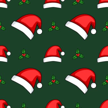 Kırmızı Noel Baba şapkaları ve koyu yeşil arka planda çoban püskülleri içeren kusursuz bir vektör deseni. Noel ambalajı kağıdı, kart ve kumaş için mükemmel bir şenlik tasarımı..