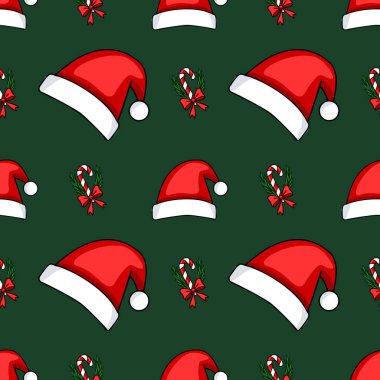 Noel Baba şapkaları, baston şekerleri ve koyu yeşil arka planda fiyonkları olan kusursuz bir vektör deseni. Noel için ideal..