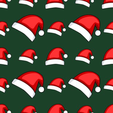Dağınık Noel Baba şapkalarının koyu yeşil arka planda kırmızı ve beyaz renkte kusursuz bir vektör deseni. Şenlik projeleri için mükemmel bir Noel tasarımı..