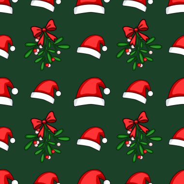 Garip Noel Baba şapkaları ve papyonlu ökseotu dalları içeren kusursuz bir vektör deseni, koyu yeşil bir zemine kurulmuş, neşeli ve eğlenceli bir Noel tasarımı yaratıyor..