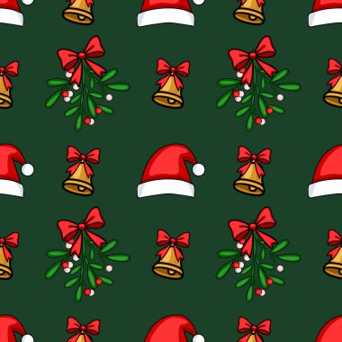 Elle çizilmiş Noel Baba şapkaları, ökse otu dalları ve kırmızı kurdelelerle süslenmiş altın çanlar, koyu yeşil bir arka planda..