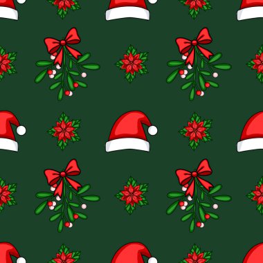 Noel Baba şapkaları, noktalı ayakkabılar, ökseotu ve koyu yeşil arka planda kırmızı fiyonklar ile kusursuz bir Noel deseni. Kutlama kağıdı veya tatil kartları için mükemmel..