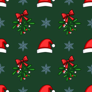 Noel Baba şapkaları, kırmızı kurdeleli ökse otu filizleri ve şenlikli tasarımlar için ideal koyu yeşil arka planda narin kar taneleri içeren kusursuz bir vektör Noel deseni..