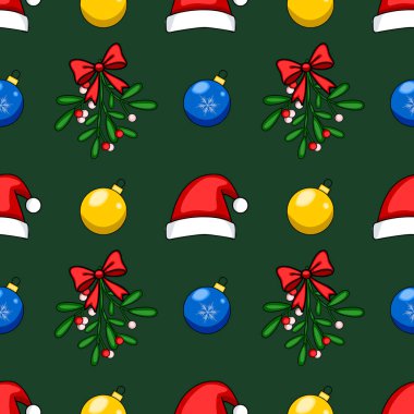 Noel Baba şapkaları, ökseotu ve parlak kırmızı, sarı ve mavi renklerle süslenmiş kusursuz bir Noel deseni. Koyu yeşil arka planda, şenlikli tasarımlar ve kış tatilleri için ideal..