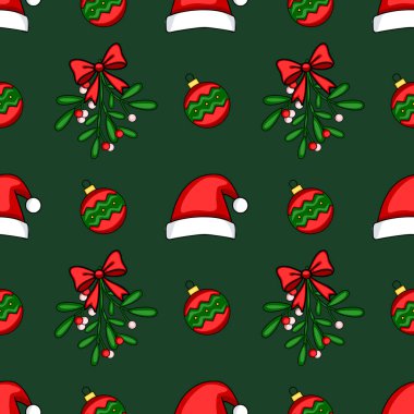 Noel Baba şapkaları, ökseotu ve koyu yeşil arka planda kırmızı ve yeşil mücevherlerle kusursuz bir Noel deseni. Şenlik tasarımları için mükemmel..