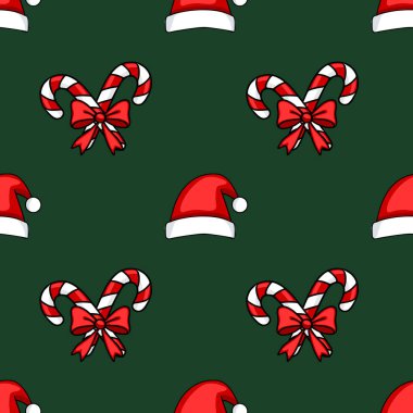 Gösterişli Kusursuz Vektör Deseni: Koyu yeşil bir zemin üzerinde fiyonklu şeker kamışları ve Noel Baba şapkalarından oluşan kaprisli bir Noel tasarımı, ambalaj kağıdı veya tatil kartları için ideal.