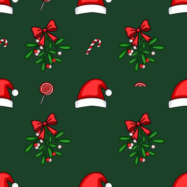 Ökseotu, Noel Baba şapkası ve koyu yeşil arka planda şeker kamışlarıyla kusursuz bir Noel deseni..