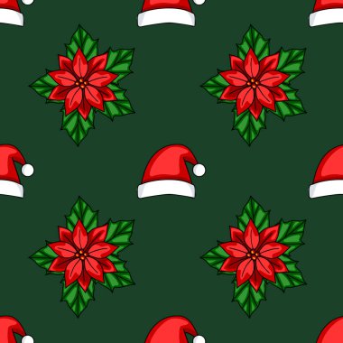 Canlı noktalar ve koyu yeşil arka planda Noel Baba şapkaları içeren kusursuz bir Noel deseni, şenlik tasarımları ve tatil ambalaj kağıtları için ideal..