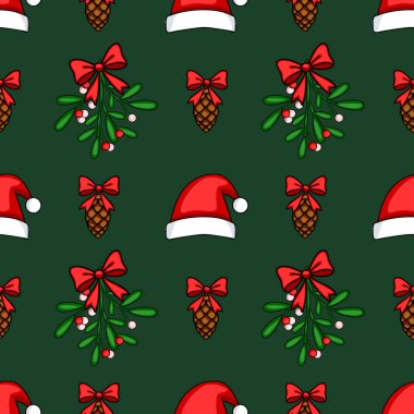 Noel Baba şapkaları, kırmızı yaylı çam kozalakları ve koyu yeşil arka planda ökse otu dalları içeren kusursuz bir vektör Noel deseni, neşeli ve neşeli bir kış tasarımı yaratıyor..