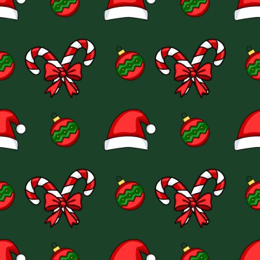 Noel Baba şapkaları, yaylı şeker kamışları ve koyu yeşil arka planda süs eşyalarıyla kusursuz bir Noel şablonu. Eşsiz bir çizgi film stili..