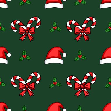 Noel Baba şapkaları, yaylı şeker kamışları ve koyu yeşil arka planda kutsal böğürtlenler ile kusursuz vektör Noel deseni, bayram ambalaj kağıdı ya da tatil kartları için mükemmel..