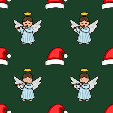 Flüt çalan büyüleyici meleklerin ve koyu yeşil arka planda Noel Baba şapkalarının olduğu kusursuz bir vektör deseni, neşeli ve kaprisli bir Noel tasarımı yaratıyor..