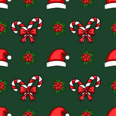 Koyu yeşil arka planda şeker kamışları, Noel Baba şapkaları ve noktalar içeren kusursuz bir Noel deseni, şenlik tasarımları için ideal..