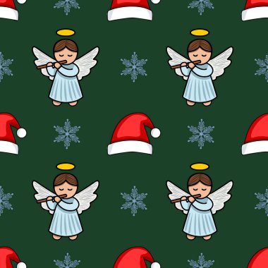 Flüt çalan sevimli meleklerin, koyu yeşil bir arka planda Noel Baba şapkaları ve kar taneleriyle karışıp büyüleyici ve şenlikli bir tasarım yarattıkları kusursuz bir Noel şablonu..