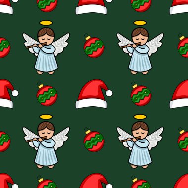 Tatlı meleklerin flüt, Noel şapkası ve koyu yeşil arka planda kırmızı ve yeşil takılar çaldığı kusursuz bir Noel şablonu..