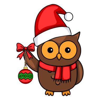 Noel Baba şapkası ve kırmızı eşarp takan kahverengi baykuşun, elinde kırmızı kurdeleli bir Noel süsü tutan sevimli bir temsili resmi..