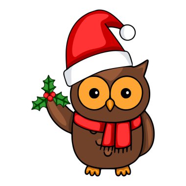 Noel Baba şapkası ve kırmızı eşarp takan bir baykuşun, Noel kartları ve şenlik tasarımları için mükemmel bir demet kutsal eşarp taşıyan harika bir vektör çizimi..