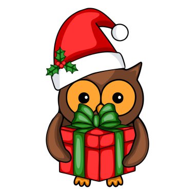 Noel Baba şapkası takan ve elinde bir Noel hediyesi tutan bir baykuşun sevimli vektör çizimi, neşeli ve iç açıcı bir bayram tasarımı sunuyor..