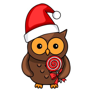 Noel Baba şapkası takan ve elinde Noel temalı tasarımlar için mükemmel kırmızı bir lolipop tutan kahverengi baykuşun harika bir temsili çizimi..