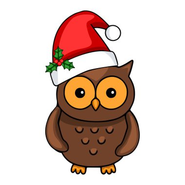 Kahverengi baykuşun Noel Baba şapkası takıp, kutsal böğürtlenlerle süslenmiş harika bir Noel çizimi..