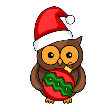 Noel Baba şapkası takan ve elinde Noel hediyesi taşıyan bir baykuşun harika bir temsili çizimi. Bayram tasarımları için mükemmel..