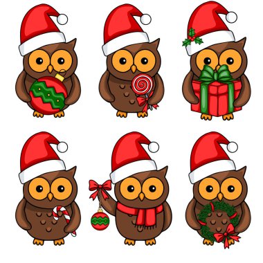 Noel Baba şapkalı altı baykuşun sevimli vektör çizimi, her biri farklı bir festival eşyası taşıyor: takı, lolipop, hediye, şeker kamışı, süs ve çelenk..