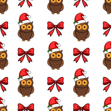 Noel Baba şapkaları ve kırmızı kurdeleler takan sevimli baykuşlarla kusursuz vektör desenleri, şen Noel tasarımları ve kış tatili projeleri için mükemmel..