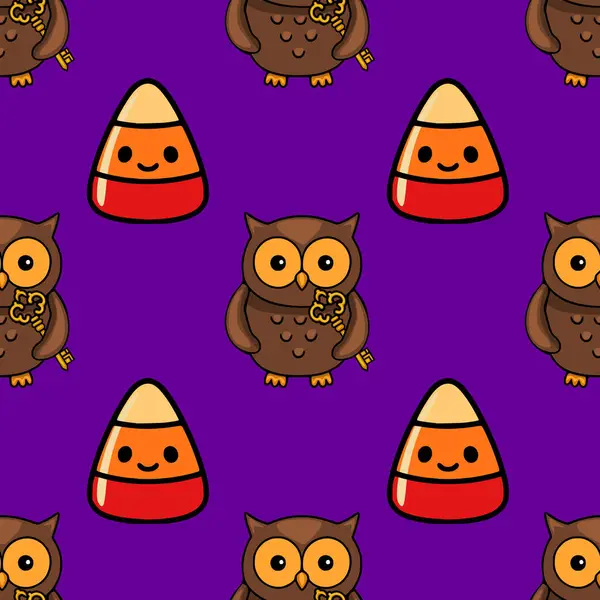 Kusursuz vektör Cadılar Bayramı şablonu altın anahtarlar taşıyan sevimli çizgi film baykuşlarının ve parlak mor arka planda neşeli mısır şekerlerinin yer aldığı..