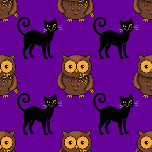 Pembe arka planda kıvrık kuyruklu siyah kediler, neşeli tasarımlar ve ürkütücü dekorasyonlar için mükemmel kahverengi baykuşlar taşıyan kusursuz bir Cadılar Bayramı deseni..
