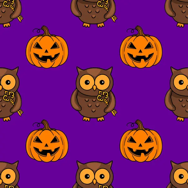 Pürüzsüz Cadılar Bayramı şablonu, ellerinde altın anahtarlar ve mor arka planda oyulmuş gülümseyen balkabakları olan sevimli kahverengi baykuşlar..