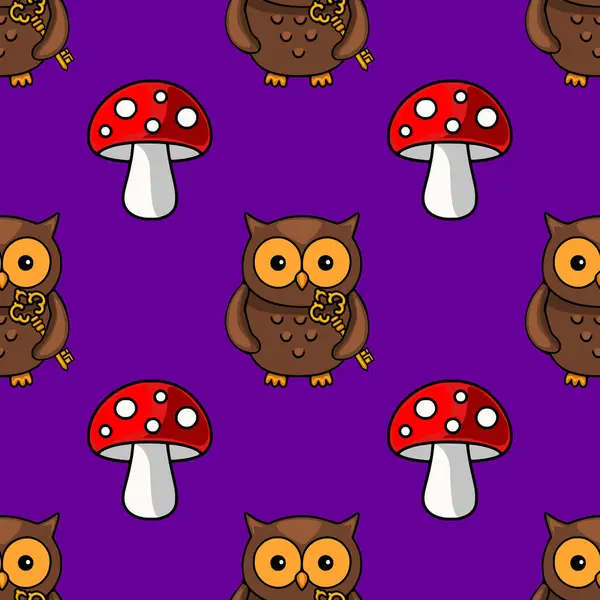 Pırıl pırıl mor bir zemine karşı ellerinde altın anahtarlar ve canlı kırmızı zehirli mantarlar tutan sevimli çizgi film baykuşlarının oluşturduğu kusursuz bir vektör deseni tuhaf ve büyüleyici bir sonbahar tasarımı yaratıyor..