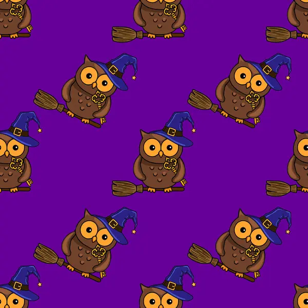 Cadı şapkalı, süpürgeli, elinde altın anahtarlarla uçan sevimli baykuşların kusursuz vektör desenleri, canlı mor bir arka plana ayarlanmış, Cadılar Bayramı tasarımları için mükemmel..