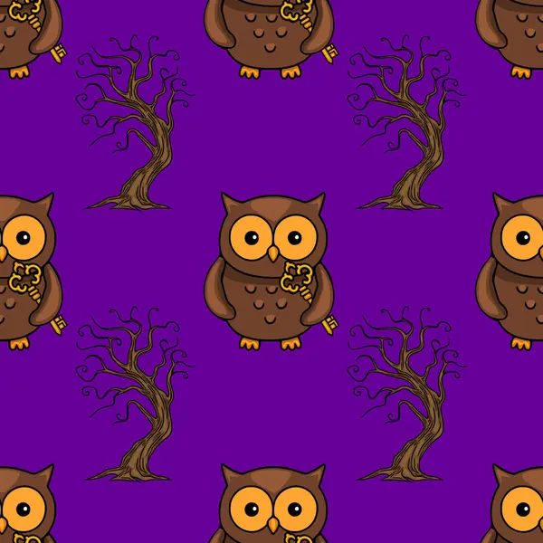 Pürüzsüz vektör deseninde altın anahtarlar taşıyan sevimli kahverengi baykuşlar ve koyu mor arka planda ürkütücü çıplak ağaçlar var. Cadılar Bayramı ya da sonbahar tasarımları için mükemmel..