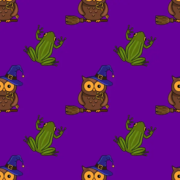 Süpürgelerin üzerinde tuhaf baykuşlar, anahtarlar ve şenlikli mor bir arka planda neşeli kurbağalar barındıran kusursuz bir vektör Cadılar Bayramı deseni..
