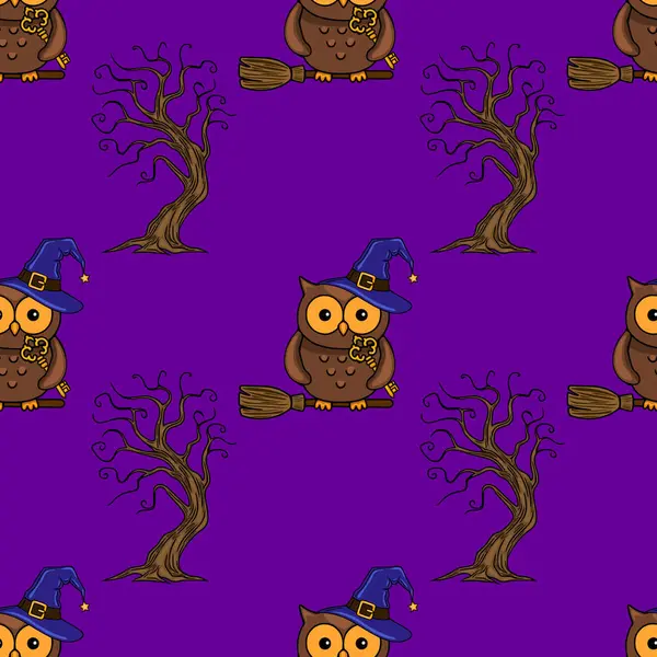 Cadı şapkalı şirin baykuşlarla kusursuz bir Cadılar Bayramı şablonu. Mor arka planda ürkütücü çıplak ağaçların yanında süpürge sopası sürüyorlar..