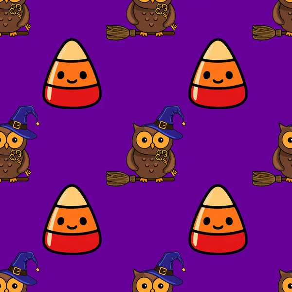 Cadı şapkalı şirin baykuşlarla kusursuz vektör Cadılar Bayramı şablonu. Süpürgeye binip, parlak mor arka planda mısır şekeri yiyecekler. Şenlikli tasarımlar için mükemmel..